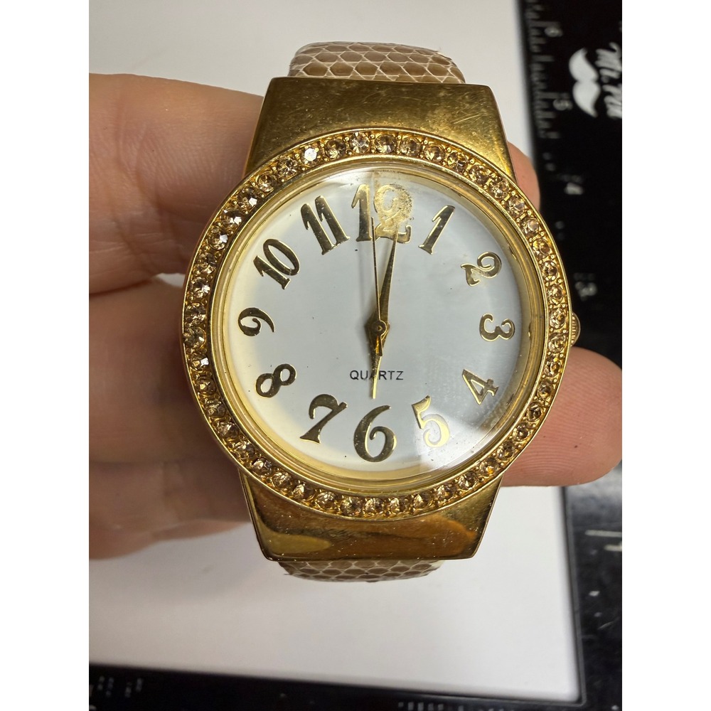 Gold Tone Rhinestone Bezel Quartz Watch Snakeskin Cuff F3139331/CT
